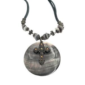 Vintage Ornate Cross on Mother of Pearl Disc Necklace - Gothic/Boho Chic MOP